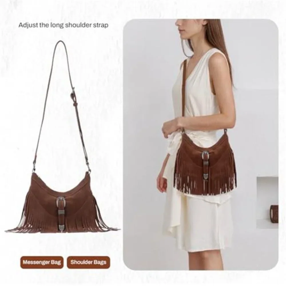 CHOCOLATE BROWN Bohemian Cowgirl Vegan Suede Faux Leather Fringe Purse Boho Bag